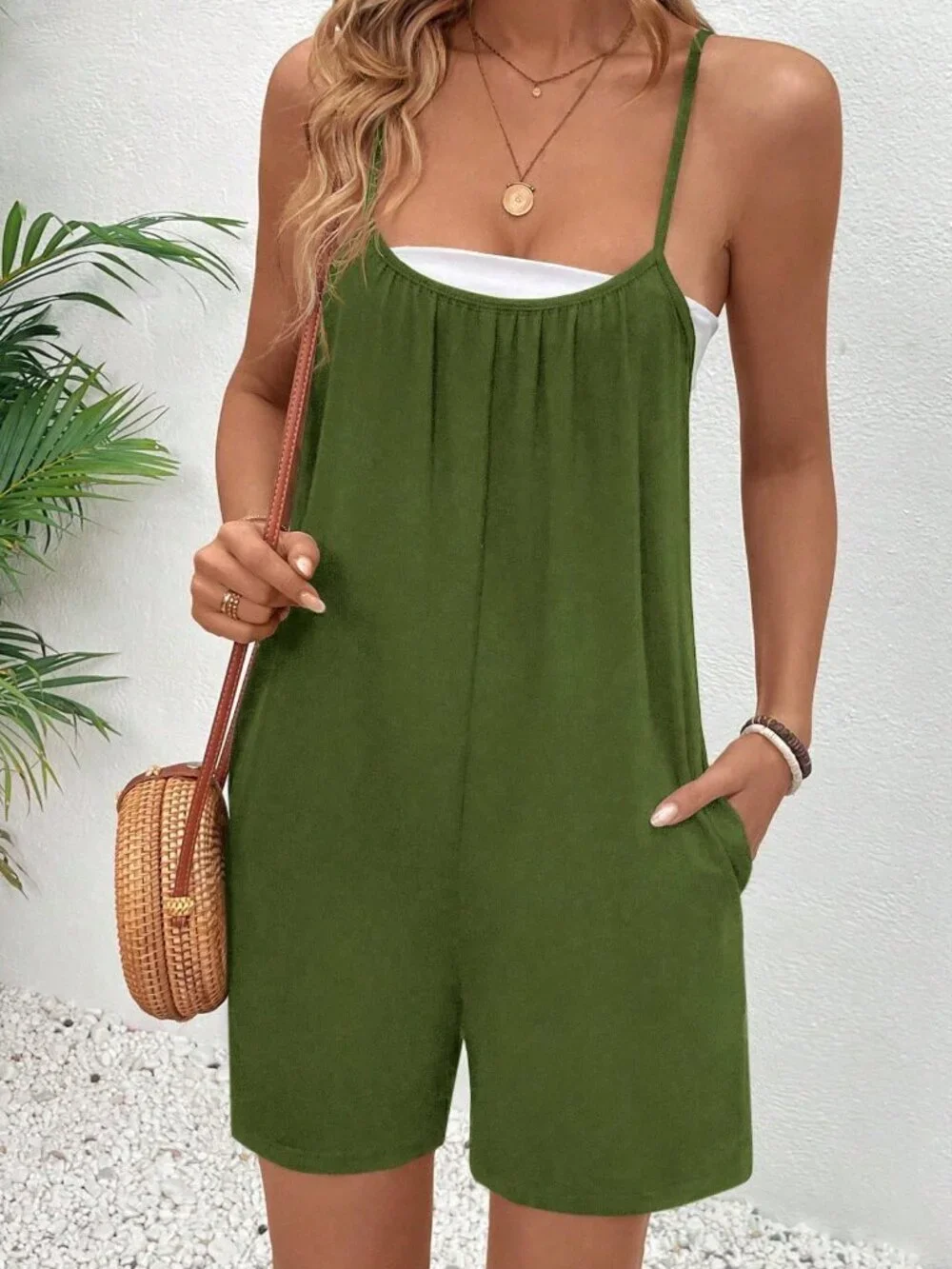 Green Casual Women's Spaghetti Strap Romper Short